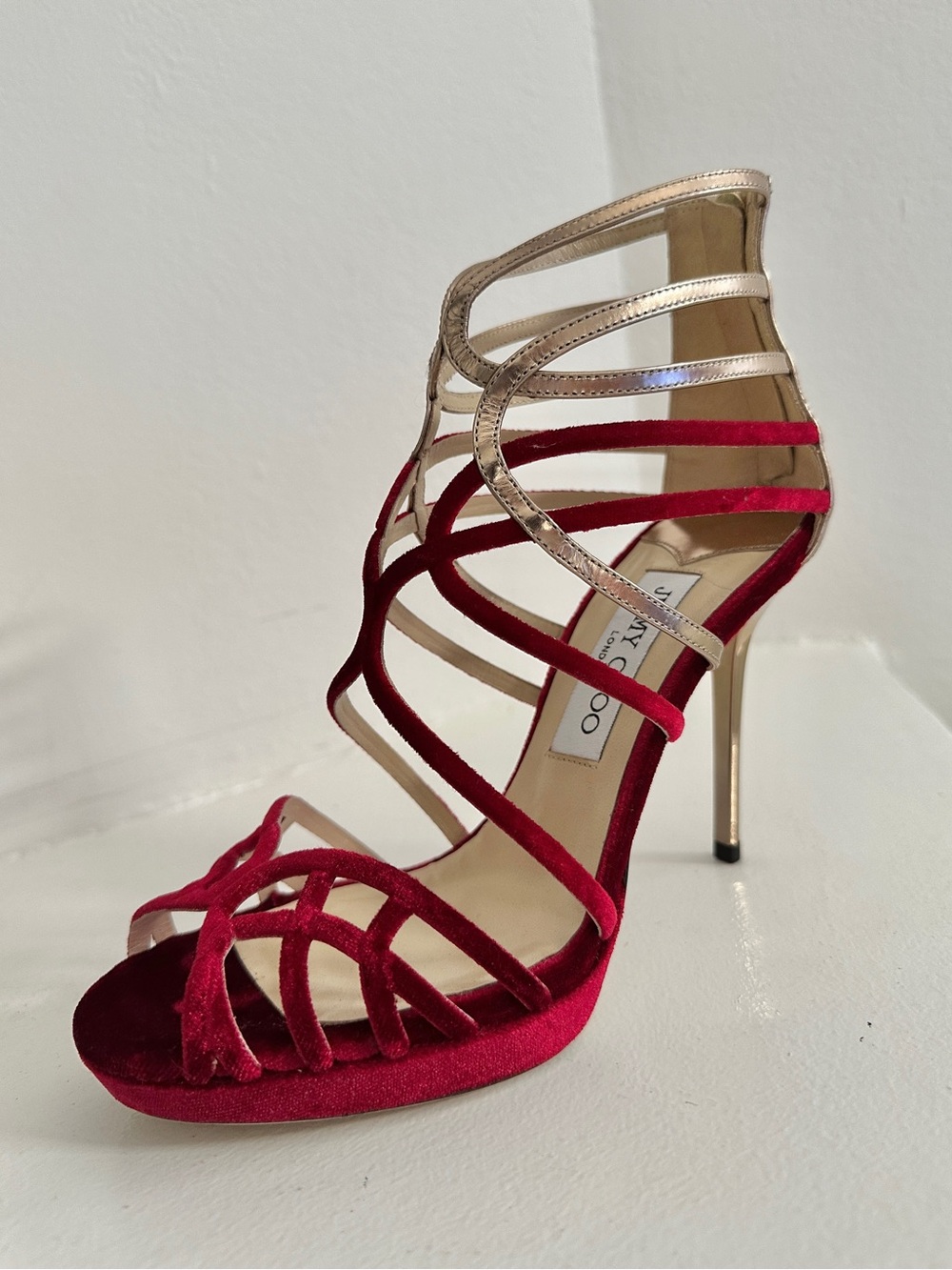 JIMMY CHOO 💋 Red Velvet & Gold Metallic Strappy Heel Sandal Sz 36 Made in Italy